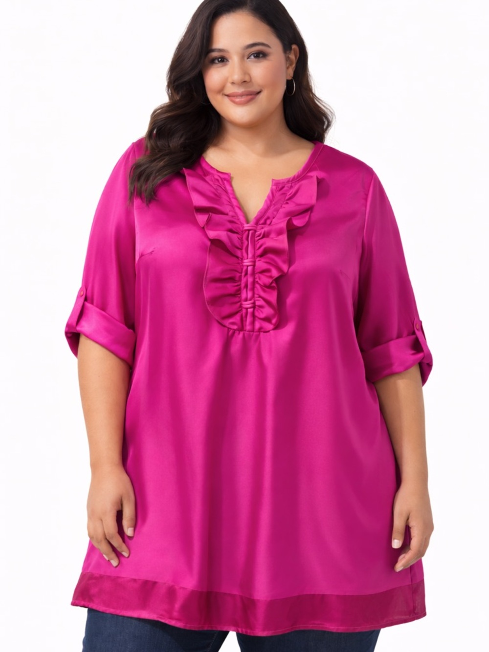Fuchsia Satin Ruffle Blouse 20W Flowy Tunic Top